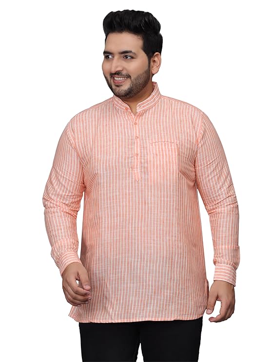 Twist99 Men's Linen Chinese Collar Full Sleeve Plus Size Short Kurta
