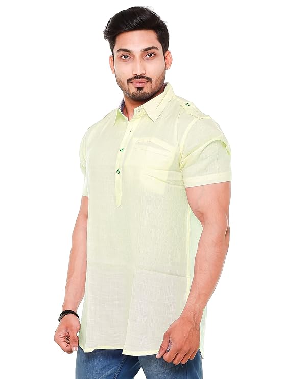 Twist99 Mens Cotton Linen Half Sleeve Plus Size Short Kurta