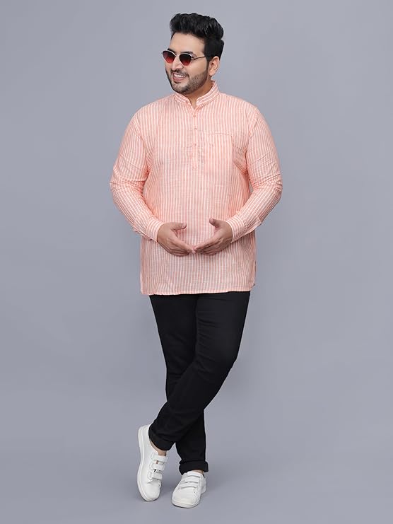 Twist99 Men's Linen Chinese Collar Full Sleeve Plus Size Short Kurta