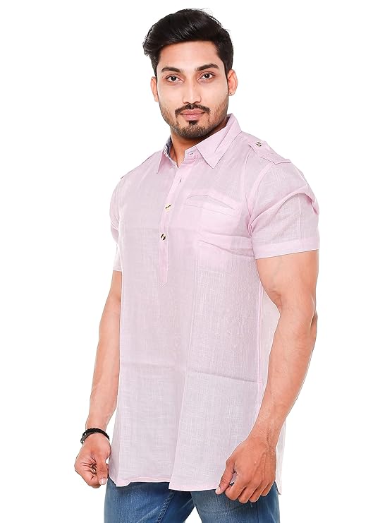 Twist99 Mens Cotton Linen Half Sleeve Plus Size Short Kurta