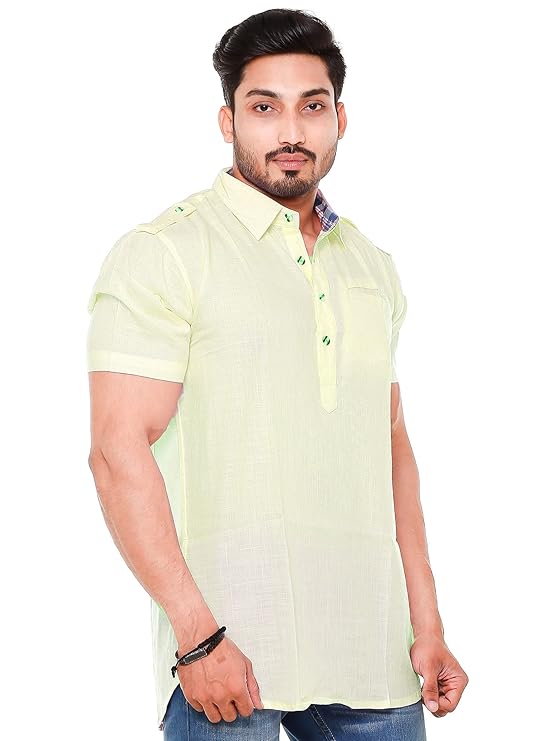 Twist99 Mens Cotton Linen Half Sleeve Plus Size Short Kurta