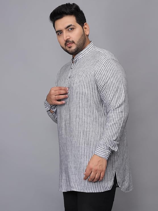 Twist99 Men's Linen Chinese Collar Full Sleeve Plus Size Short Kurta