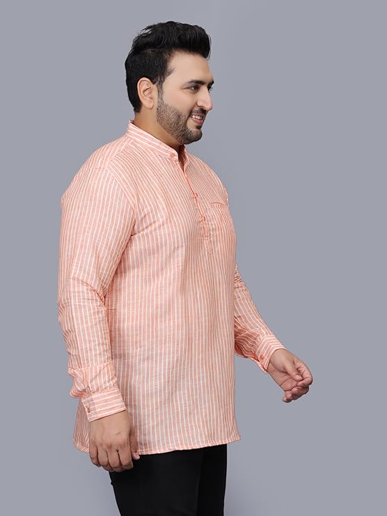 Twist99 Men's Linen Chinese Collar Full Sleeve Plus Size Short Kurta