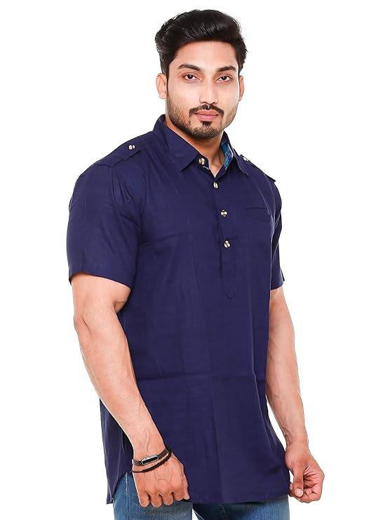 Twist99 Mens Cotton Linen Half Sleeve Plus Size Short Kurta