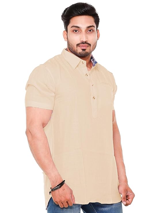 Twist99 Mens Cotton Linen Half Sleeve Plus Size Short Kurta