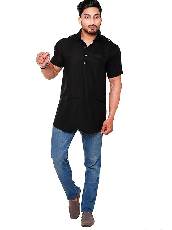 Twist99 Mens Cotton Linen Half Sleeve Plus Size Short Kurta