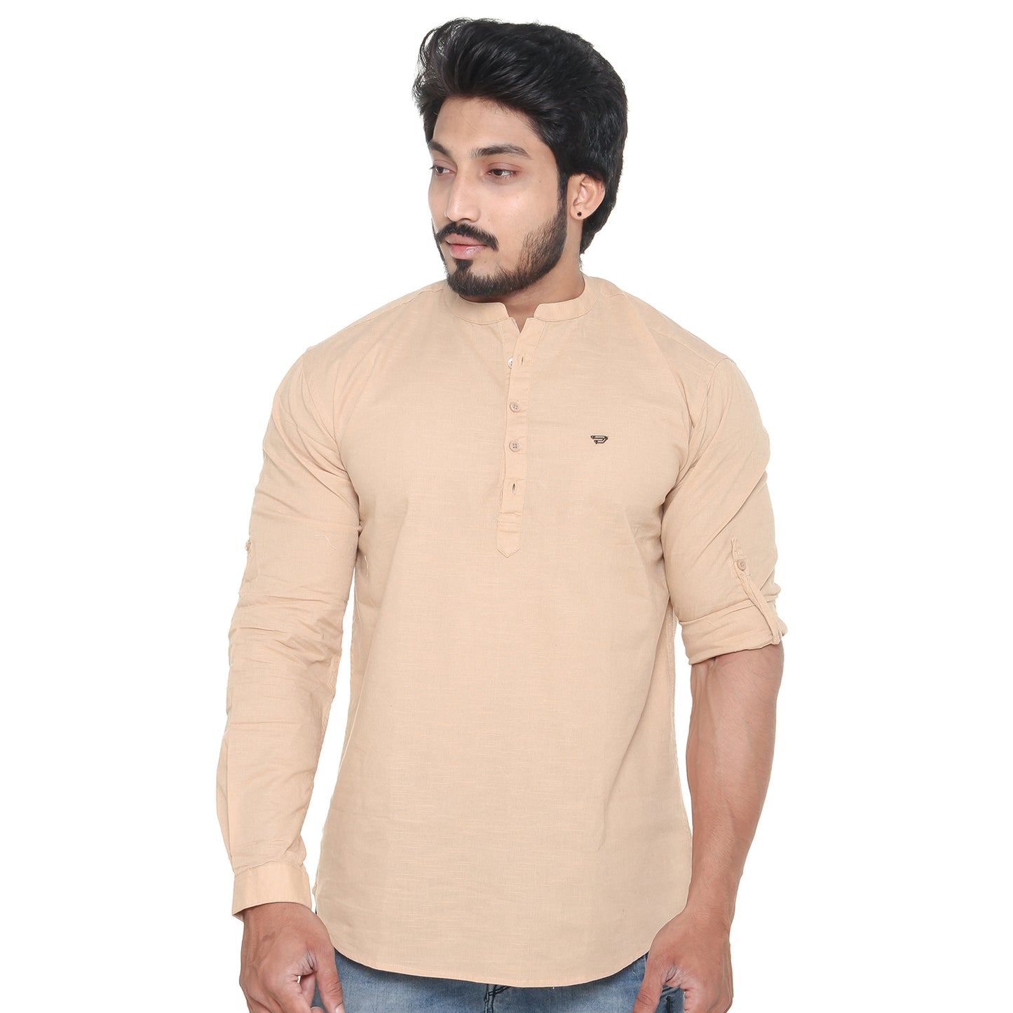 Twist99 Men's Linen Chinese Collar Full Sleeve Plus Size Short Kurta (Beige)