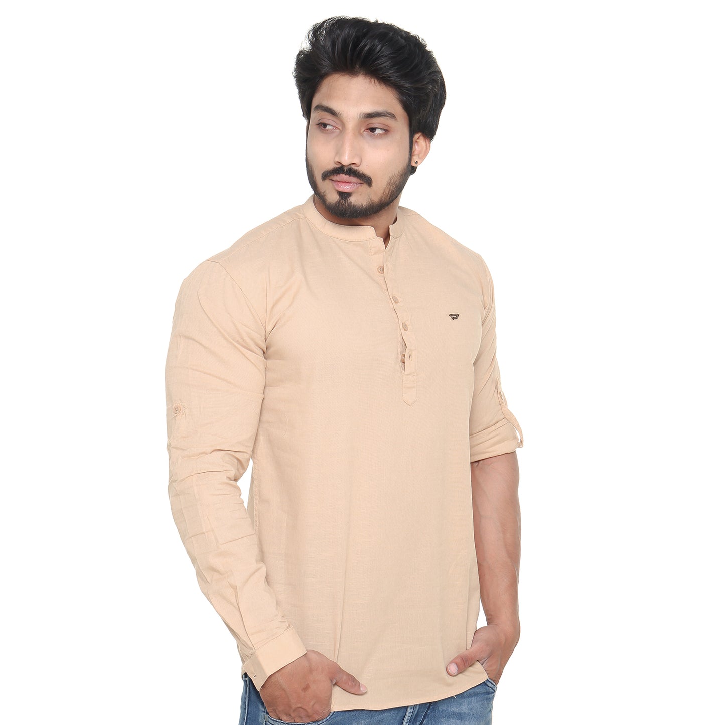 Twist99 Men's Linen Chinese Collar Full Sleeve Plus Size Short Kurta (Beige)
