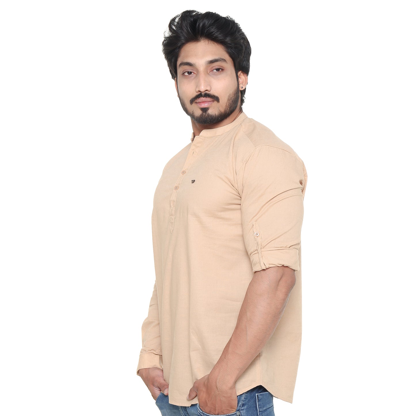 Twist99 Men's Linen Chinese Collar Full Sleeve Plus Size Short Kurta (Beige)