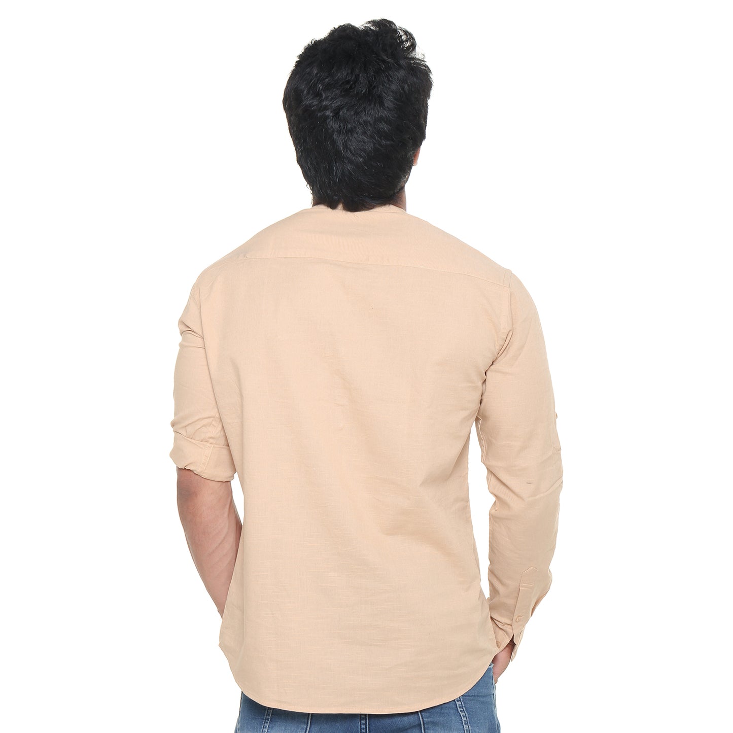 Twist99 Men's Linen Chinese Collar Full Sleeve Plus Size Short Kurta (Beige)