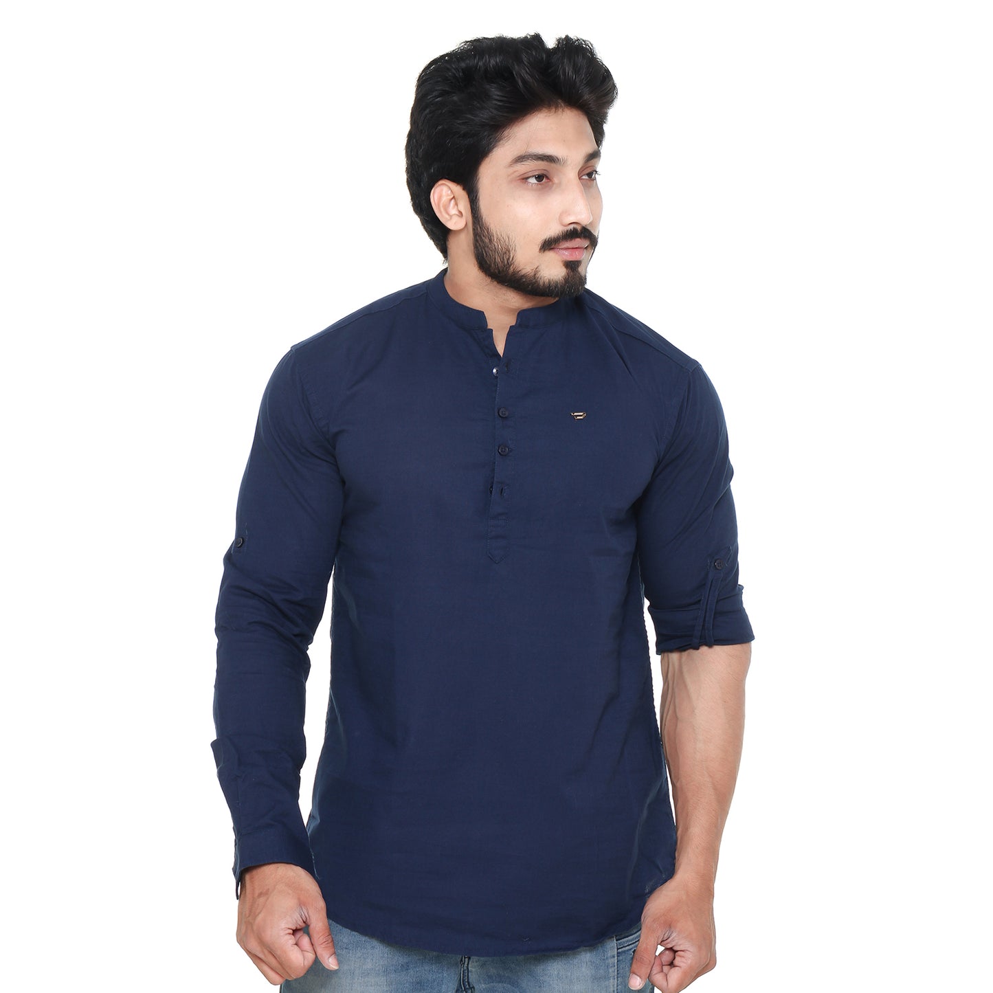Twist99 Men's Linen Chinese Collar Full Sleeve Plus Size Short Kurta (NAVY BLUE)