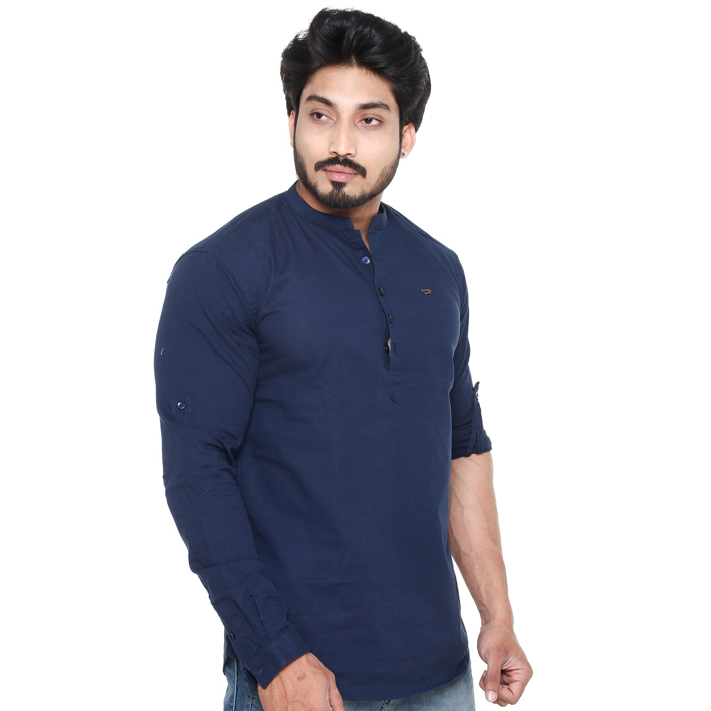 Twist99 Men's Linen Chinese Collar Full Sleeve Plus Size Short Kurta (NAVY BLUE)