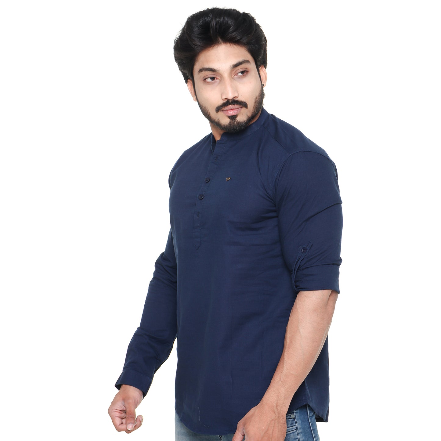 Twist99 Men's Linen Chinese Collar Full Sleeve Plus Size Short Kurta (NAVY BLUE)