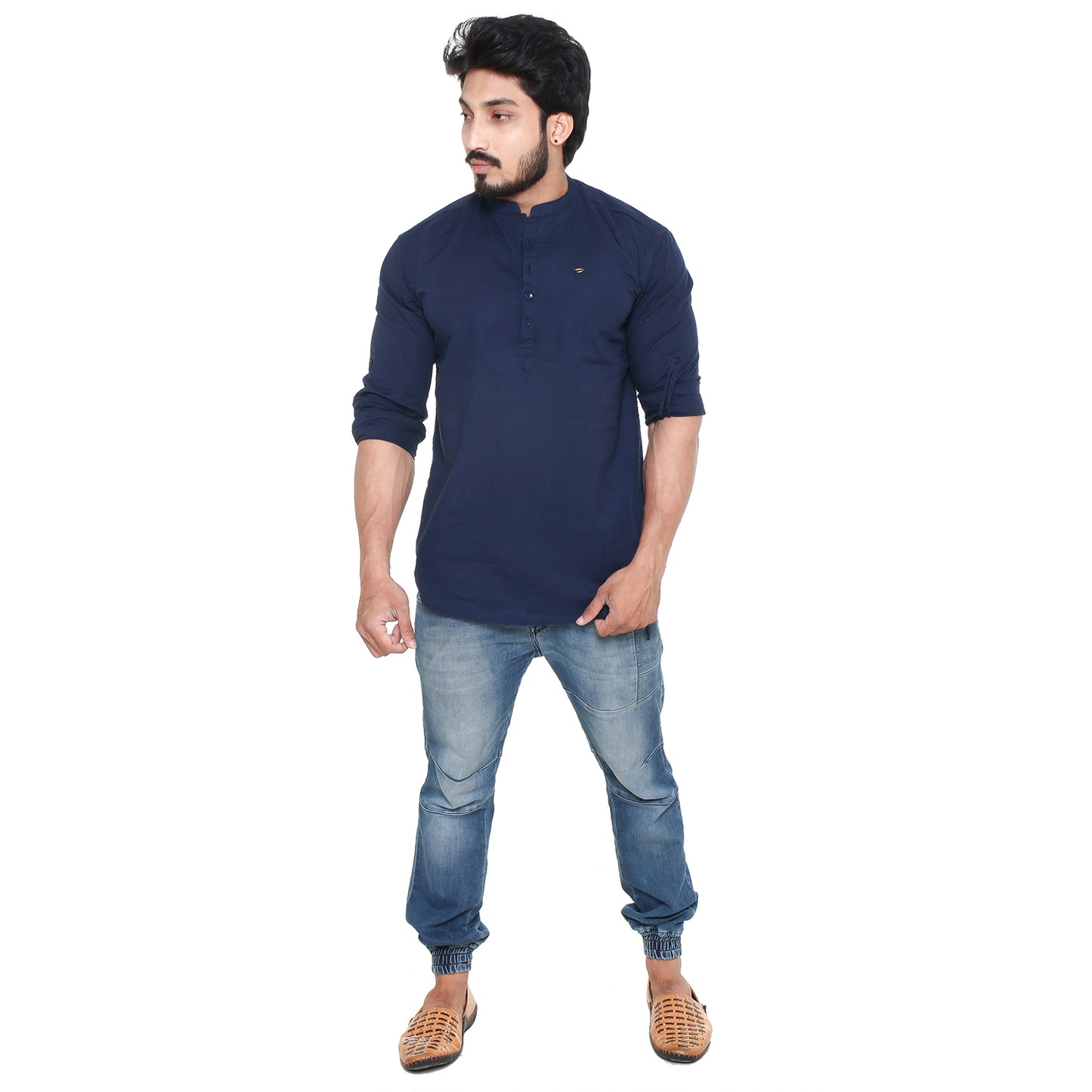 Twist99 Men's Linen Chinese Collar Full Sleeve Plus Size Short Kurta (NAVY BLUE)
