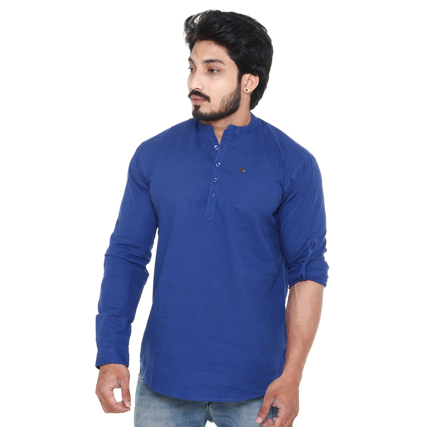 Twist99 Men's Linen Chinese Collar Full Sleeve Plus Size Short Kurta(Royal Blue)