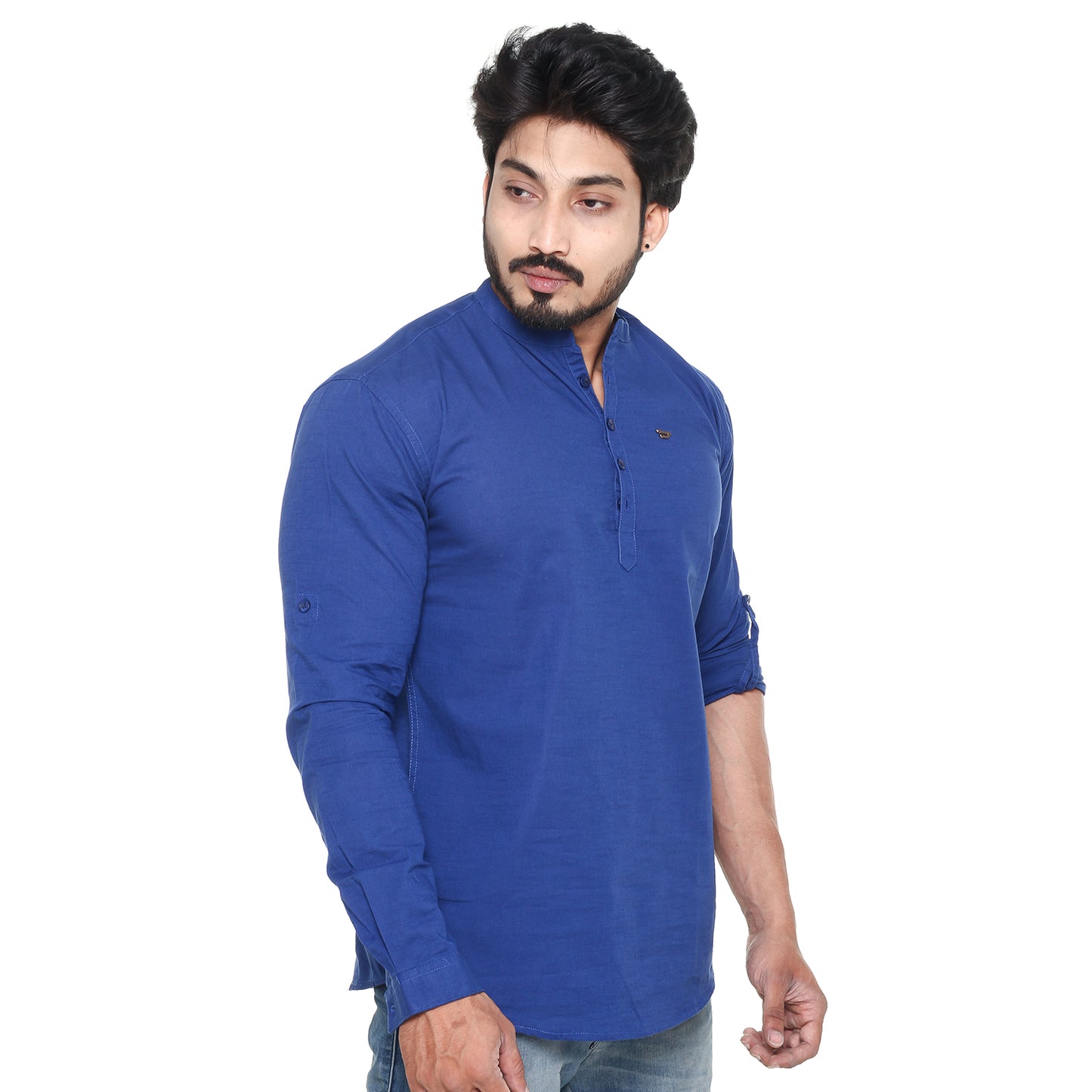 Twist99 Men's Linen Chinese Collar Full Sleeve Plus Size Short Kurta(Royal Blue)