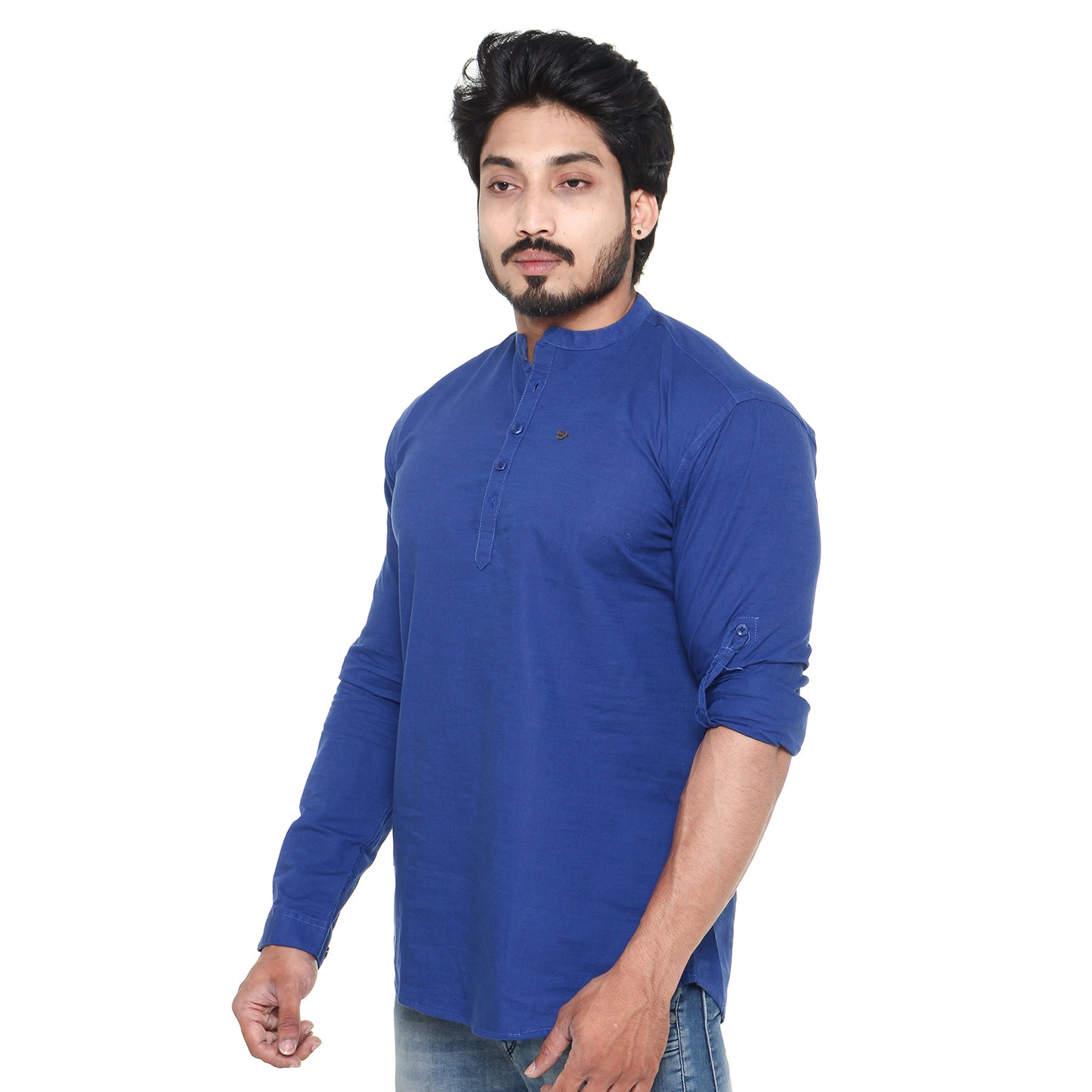 Twist99 Men's Linen Chinese Collar Full Sleeve Plus Size Short Kurta(Royal Blue)