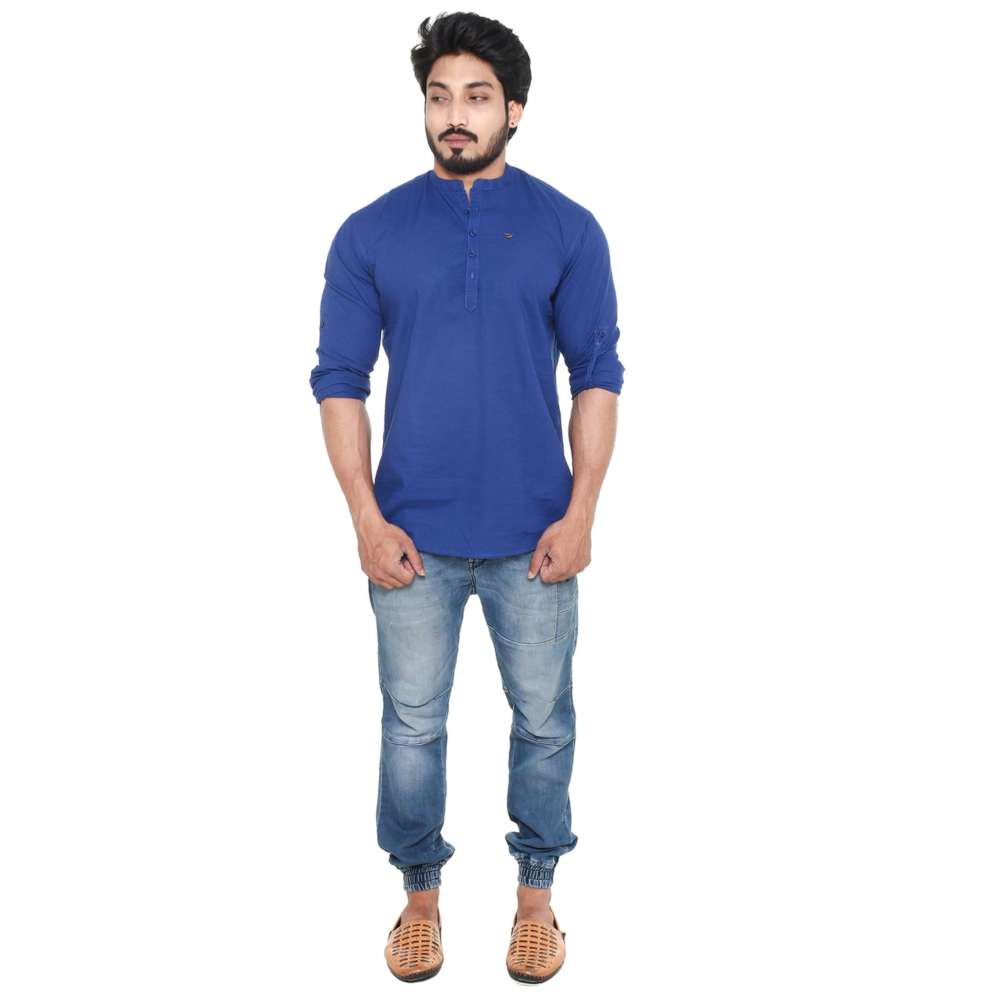 Twist99 Men's Linen Chinese Collar Full Sleeve Plus Size Short Kurta(Royal Blue)