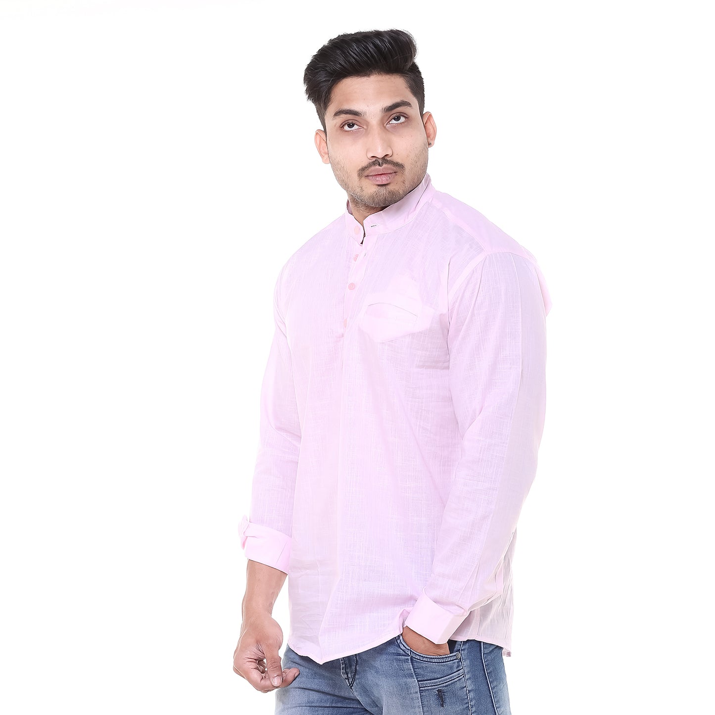 Twist99 Men's Linen Chinese Collar Full Sleeve Plus Size Short Kurta (Pink)