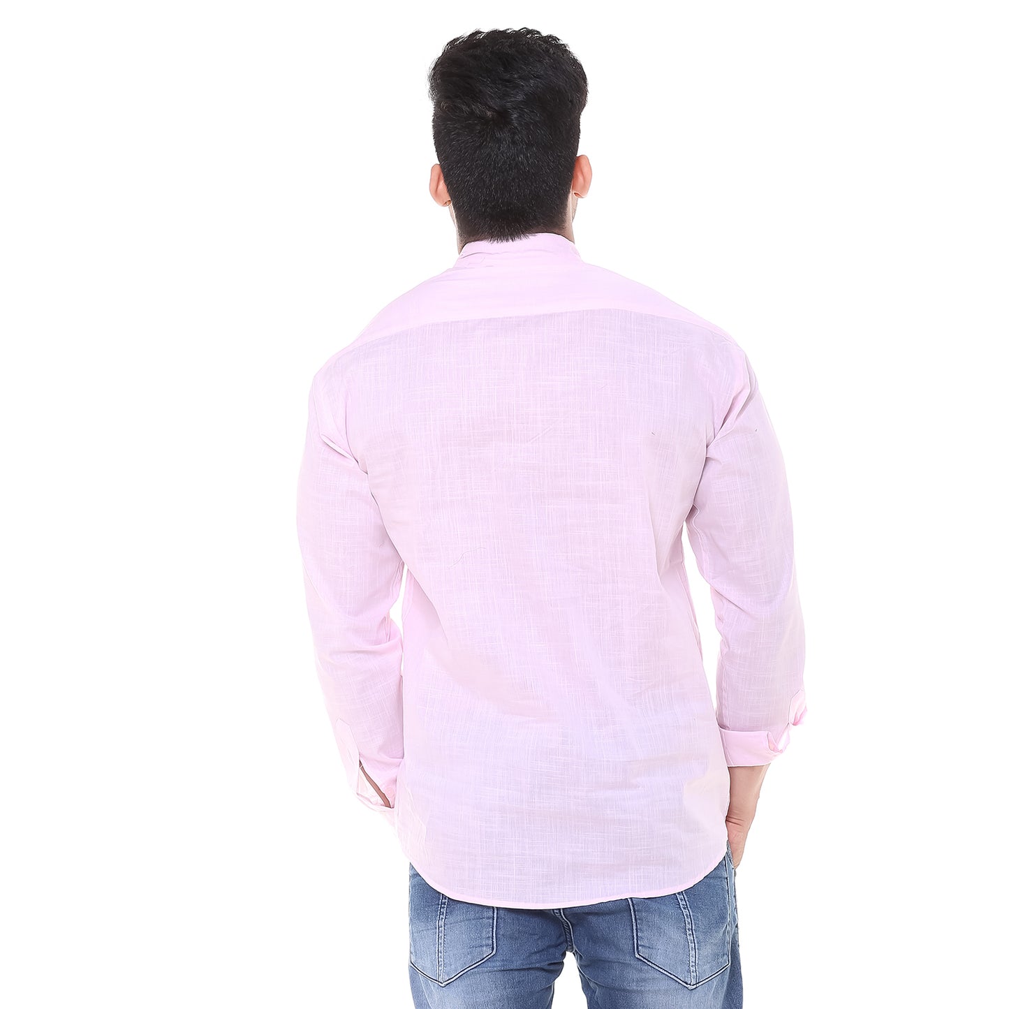 Twist99 Men's Linen Chinese Collar Full Sleeve Plus Size Short Kurta (Pink)