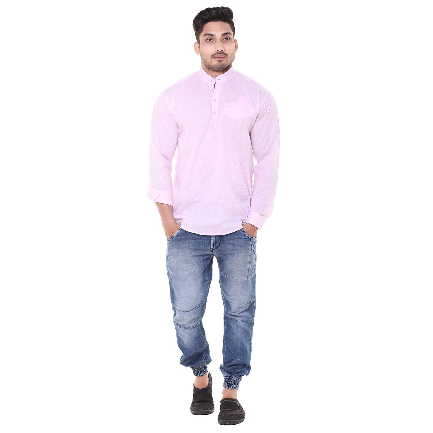 Twist99 Men's Linen Chinese Collar Full Sleeve Plus Size Short Kurta (Pink)