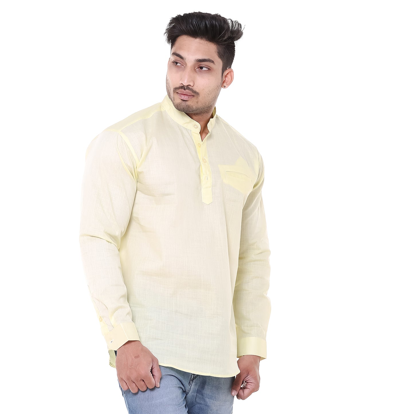 Twist99 Men's Linen Chinese Collar Full Sleeve Plus Size Short Kurta (Yellow)