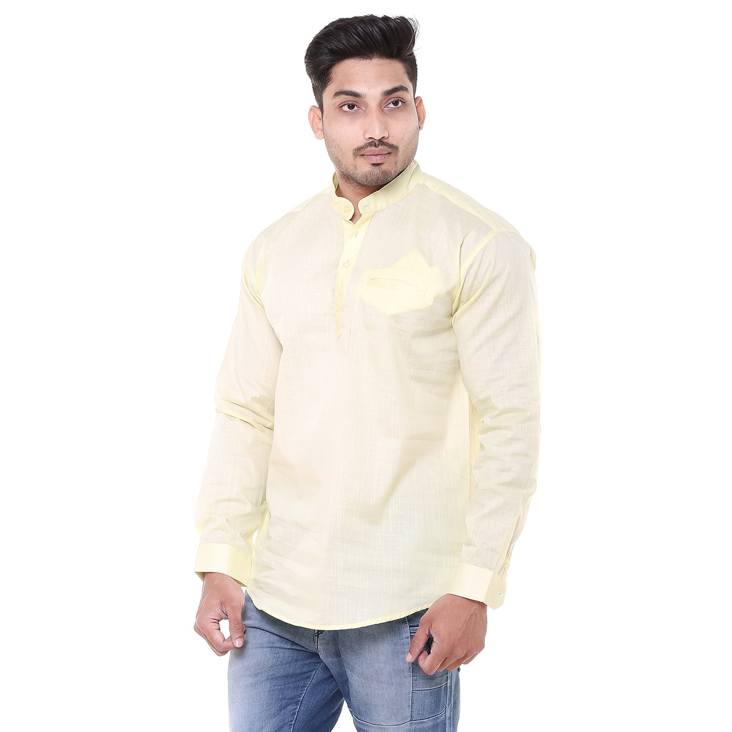 Twist99 Men's Linen Chinese Collar Full Sleeve Plus Size Short Kurta (Yellow)
