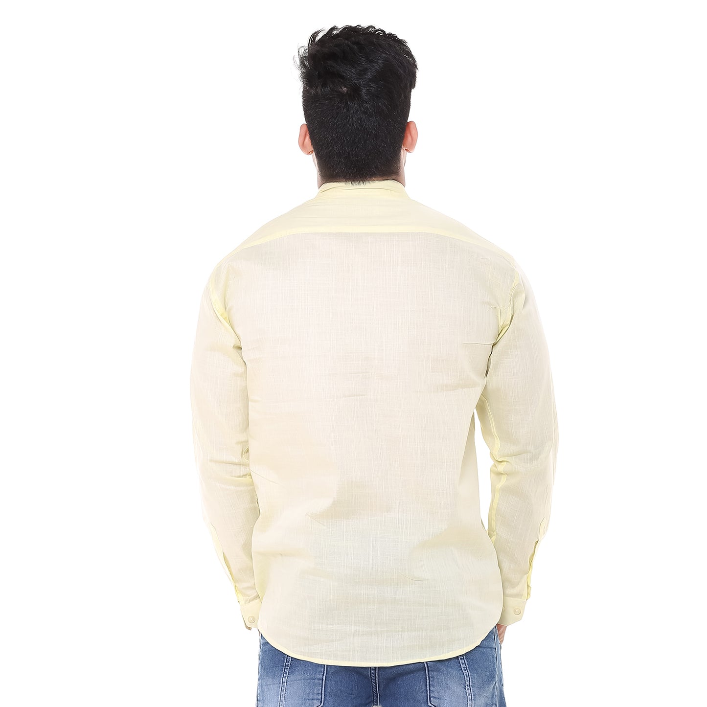 Twist99 Men's Linen Chinese Collar Full Sleeve Plus Size Short Kurta (Yellow)