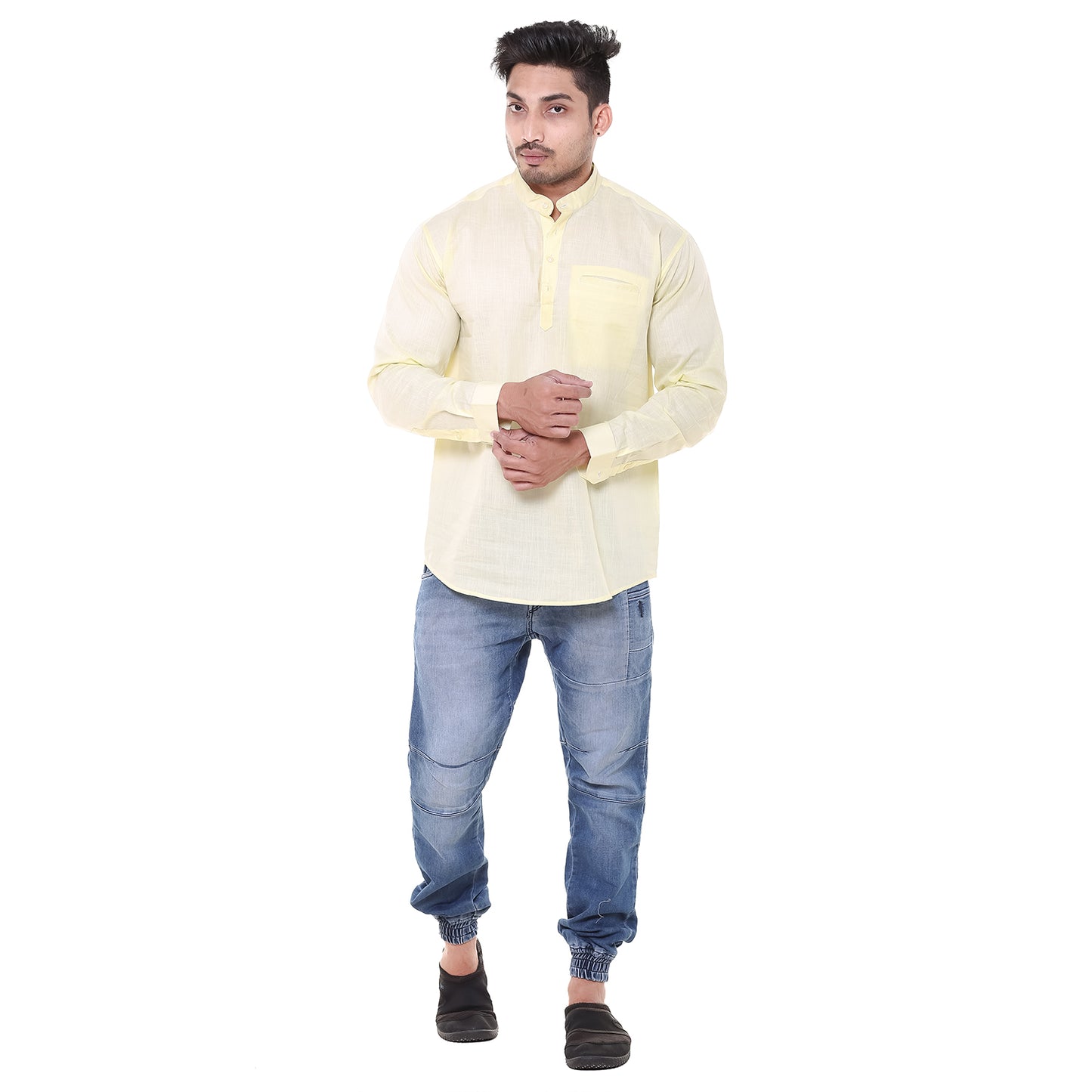 Twist99 Men's Linen Chinese Collar Full Sleeve Plus Size Short Kurta (Yellow)