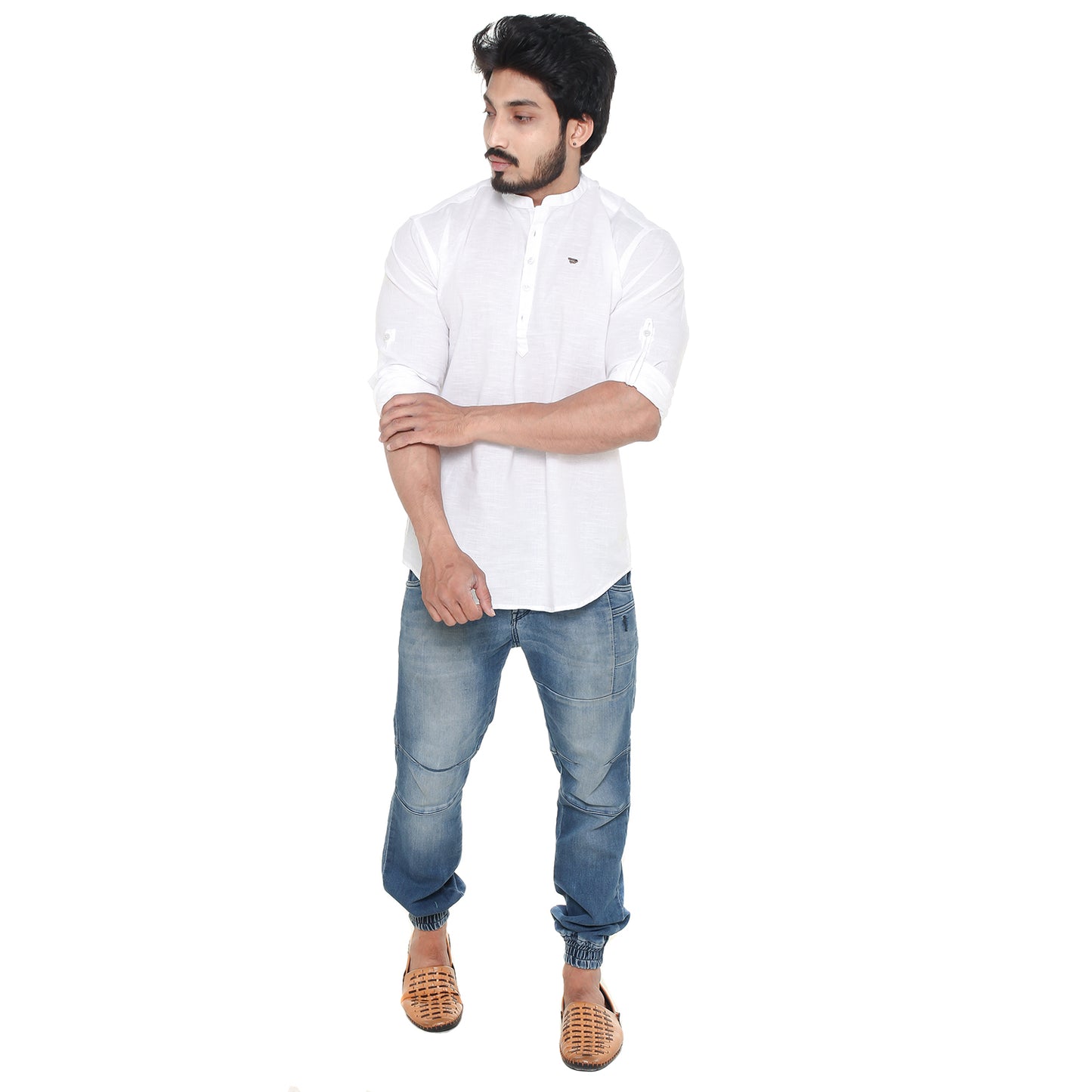 Twist99 Men's Linen Chinese Collar Full Sleeve Plus Size Short Kurta