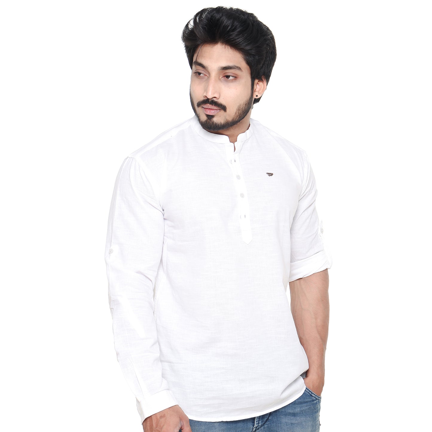 Twist99 Men's Linen Chinese Collar Full Sleeve Plus Size Short Kurta