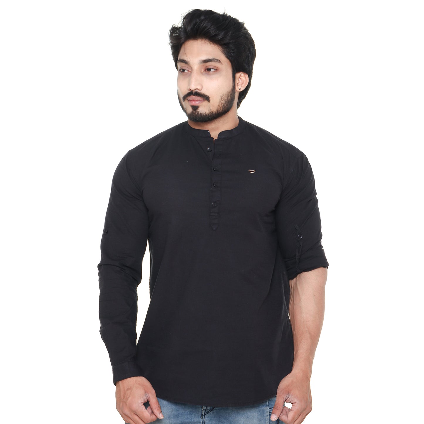 Twist99 Men's Linen Chinese Collar Full Sleeve Plus Size Short Kurta (Black)