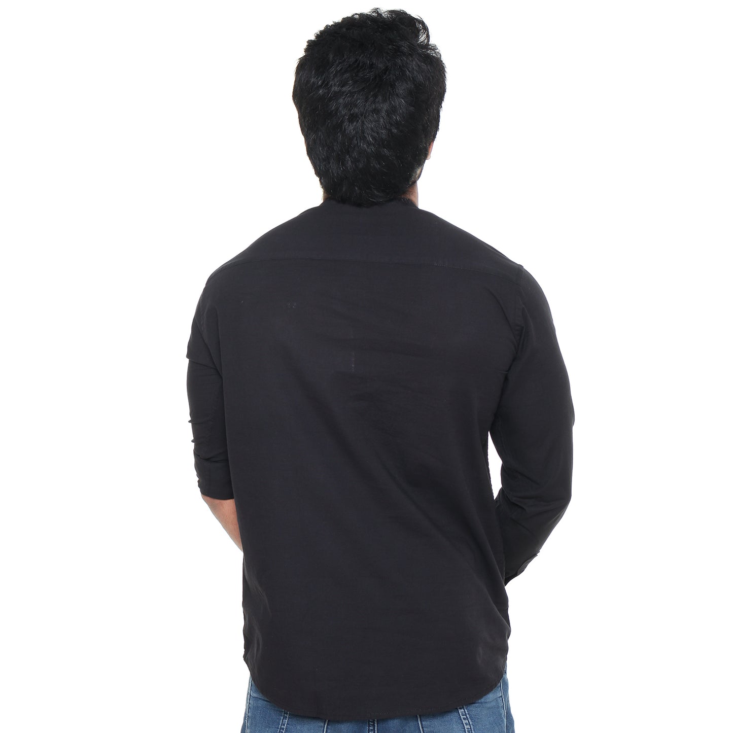 Twist99 Men's Linen Chinese Collar Full Sleeve Plus Size Short Kurta (Black)