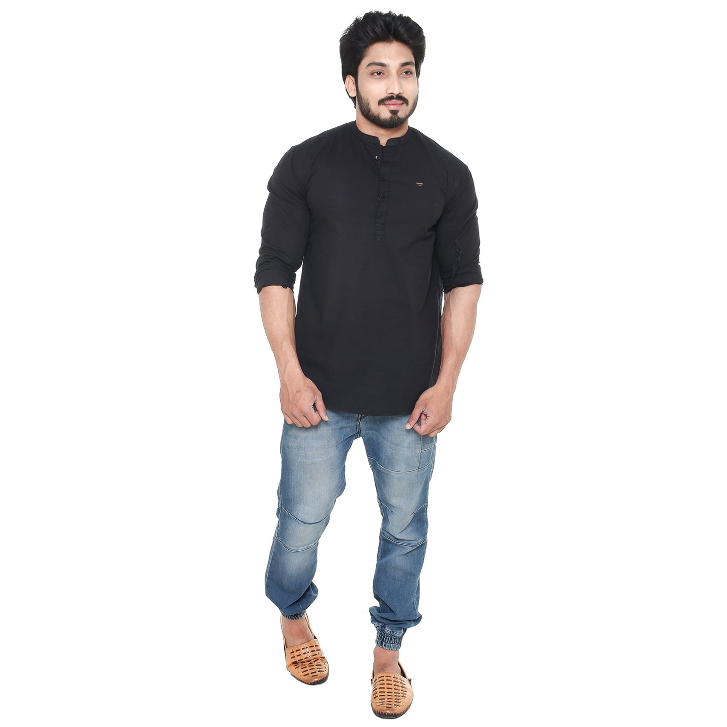 Twist99 Men's Linen Chinese Collar Full Sleeve Plus Size Short Kurta (Black)