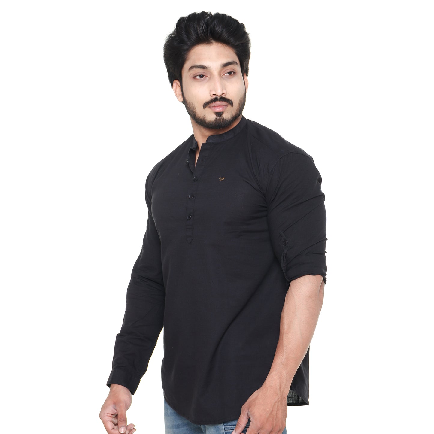 Twist99 Men's Linen Chinese Collar Full Sleeve Plus Size Short Kurta (Black)