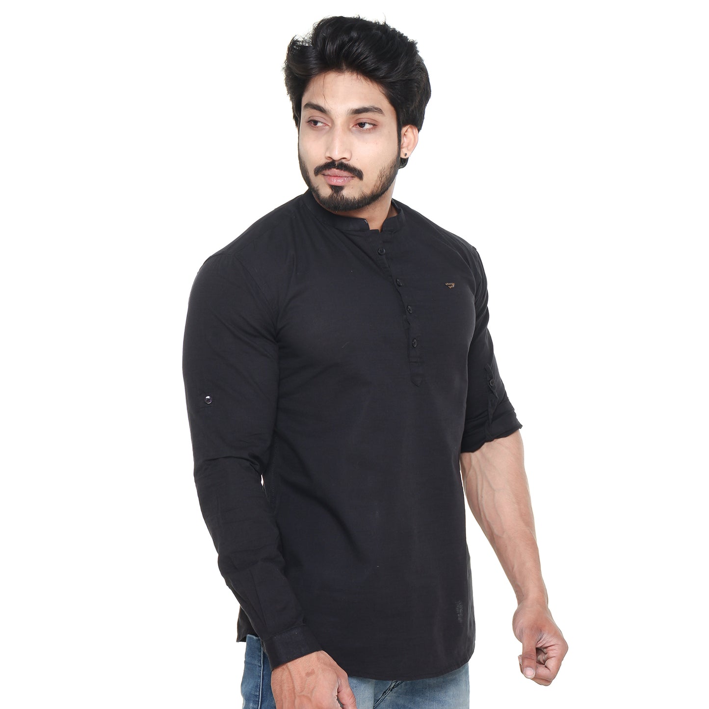 Twist99 Men's Linen Chinese Collar Full Sleeve Plus Size Short Kurta (Black)