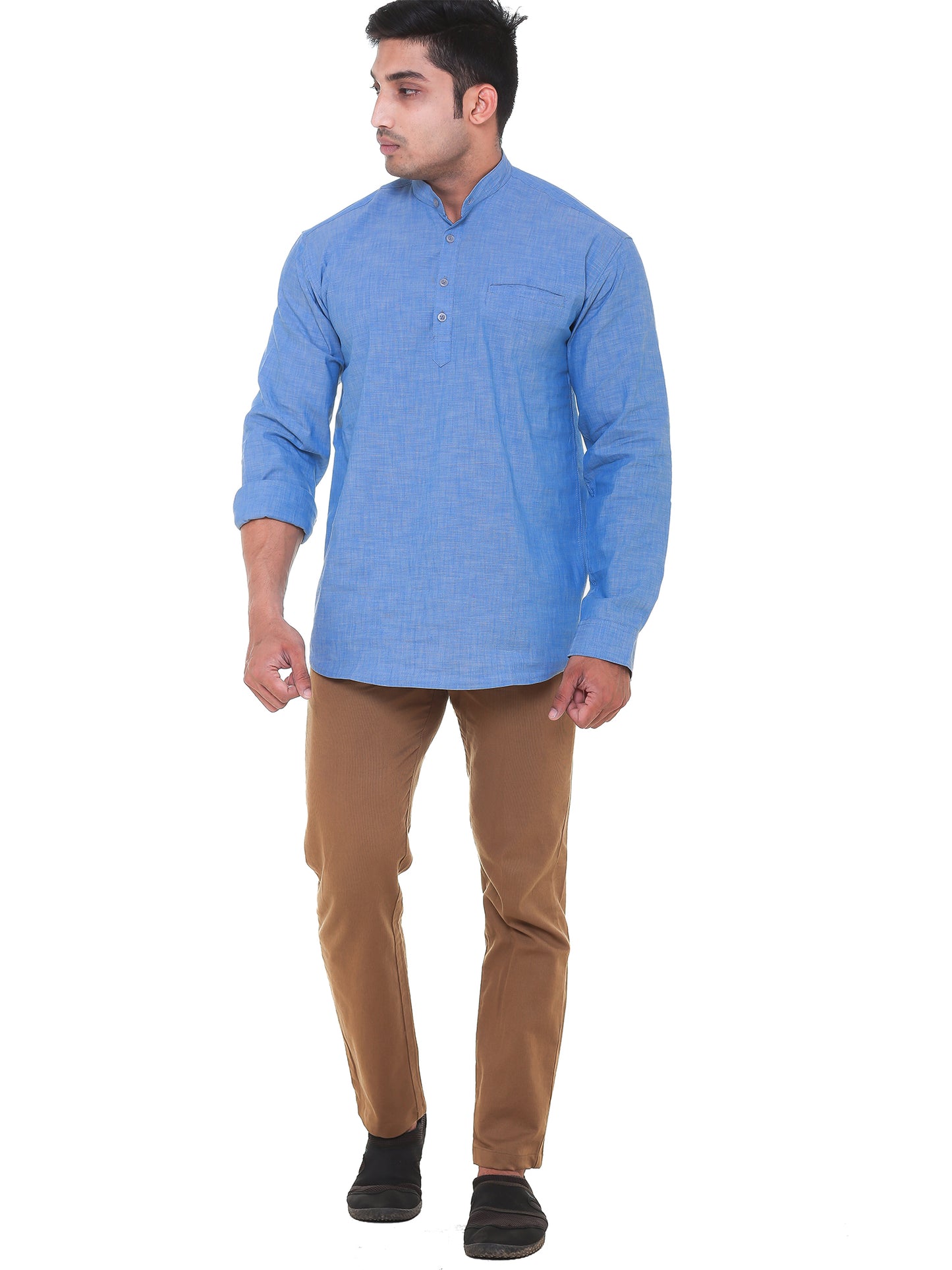 Twist99 Men's Linen Chinese Collar Full Sleeve Plus Size Short Kurta(Sky Blue Denim)