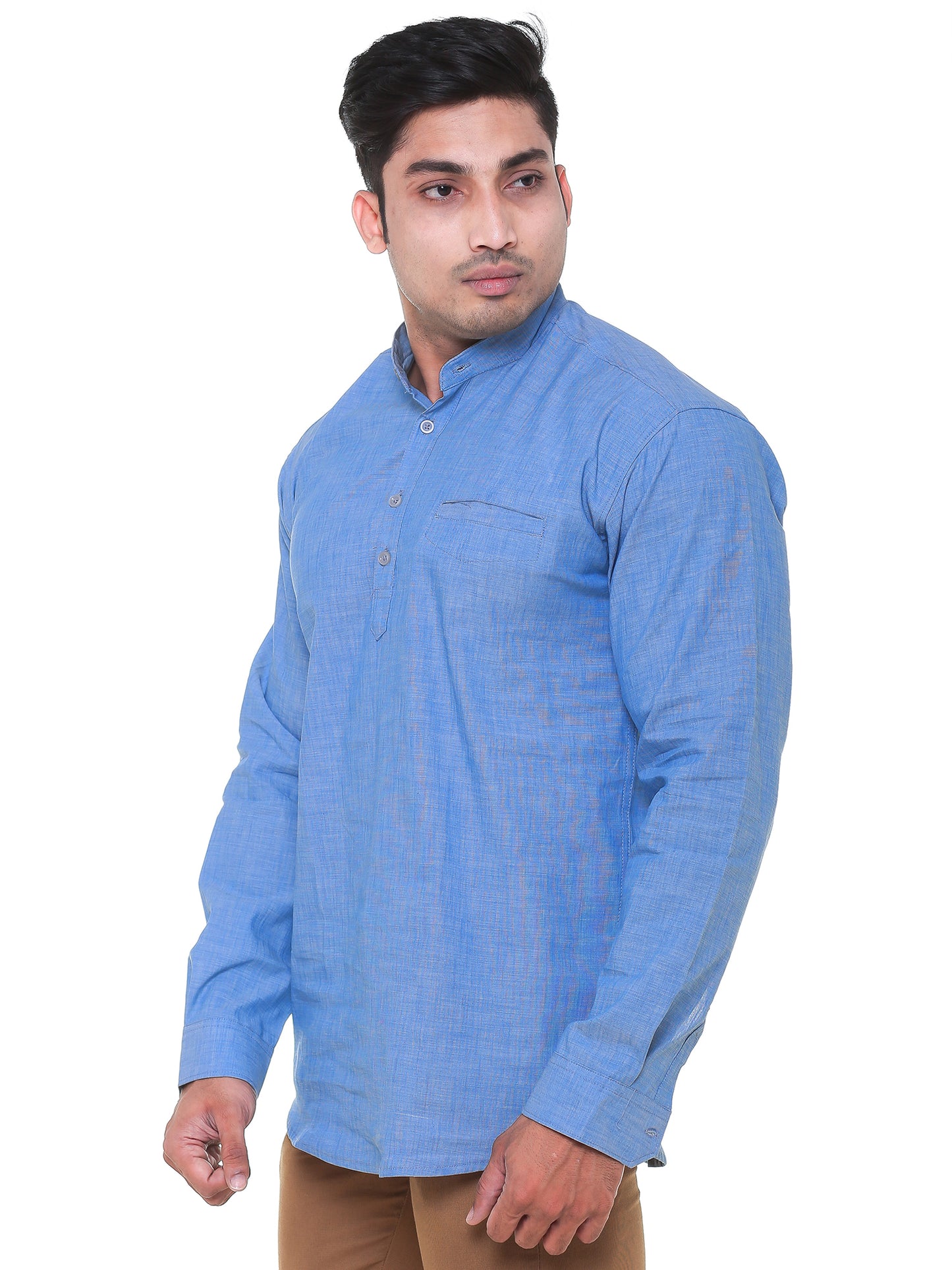 Twist99 Men's Linen Chinese Collar Full Sleeve Plus Size Short Kurta(Sky Blue Denim)