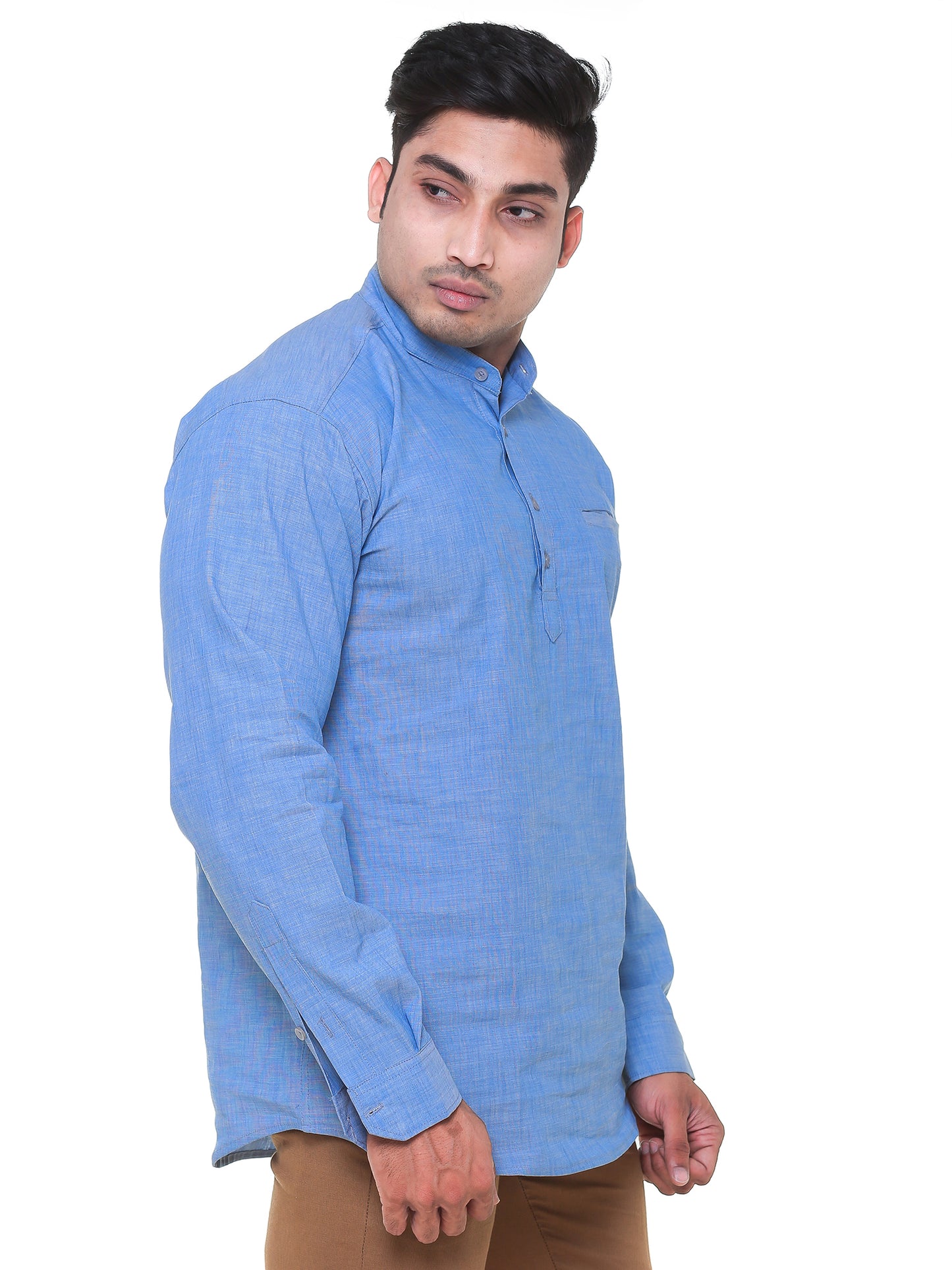 Twist99 Men's Linen Chinese Collar Full Sleeve Plus Size Short Kurta(Sky Blue Denim)