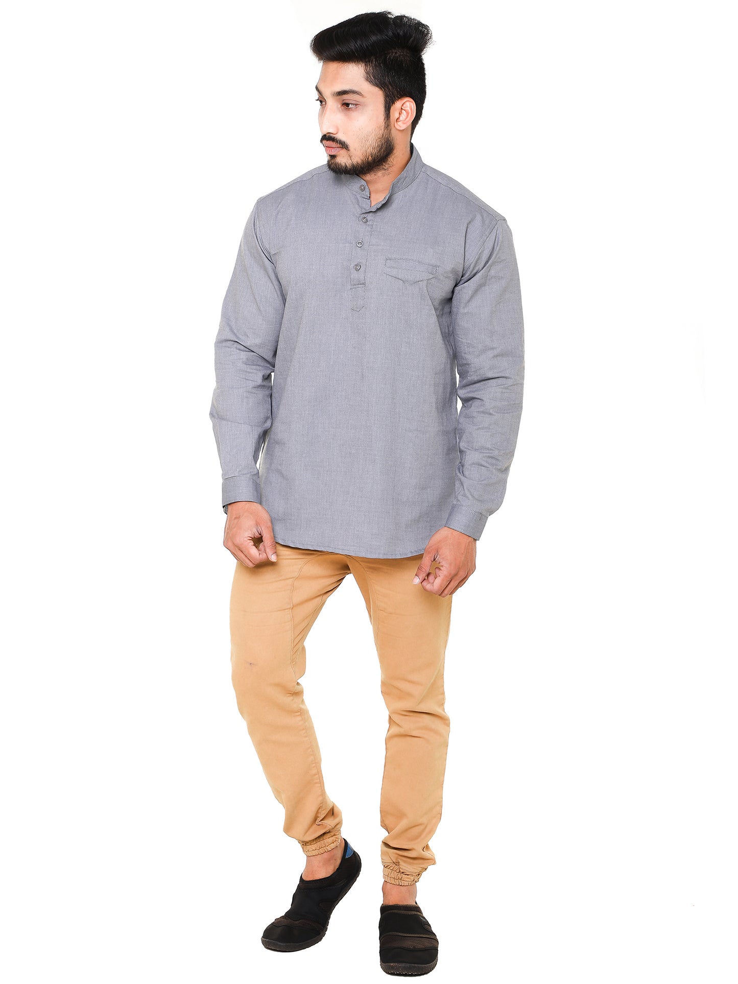 Twist99 Men's Linen Chinese Collar Full Sleeve Plus Size Short Kurta(Grey)