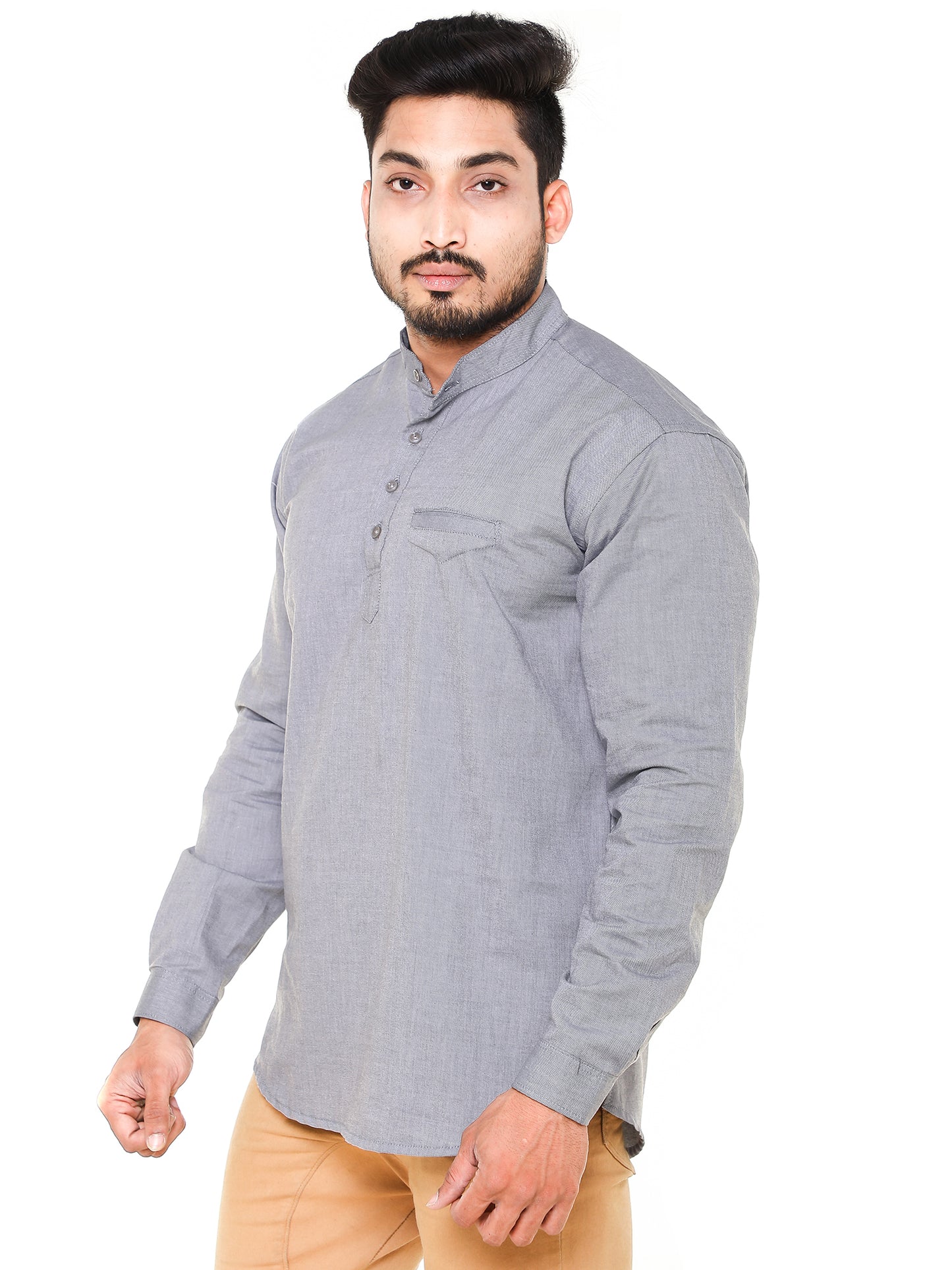 Twist99 Men's Linen Chinese Collar Full Sleeve Plus Size Short Kurta(Grey)