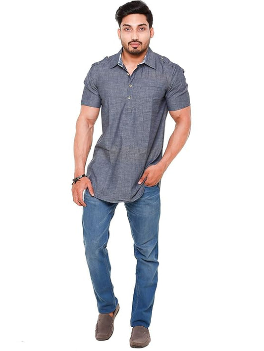 Twist99 Mens Cotton Linen Half Sleeve Plus Size Short Kurta