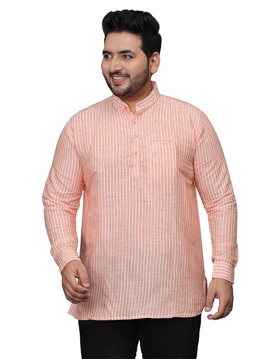 Twist99 Men's Linen Chinese Collar Full Sleeve Plus Size Short Kurta