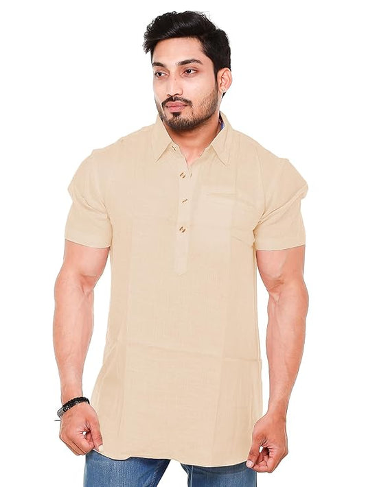 Twist99 Mens Cotton Linen Half Sleeve Plus Size Short Kurta