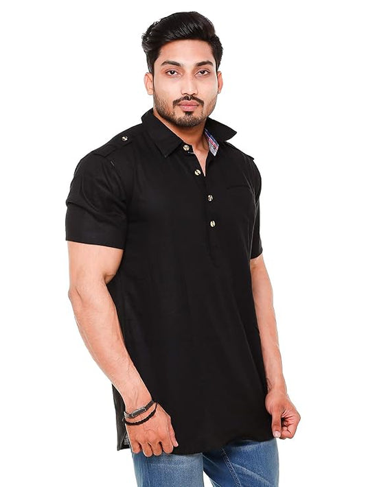 Twist99 Mens Cotton Linen Half Sleeve Plus Size Short Kurta