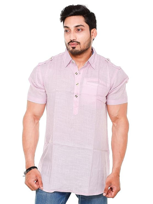 Twist99 Mens Cotton Linen Half Sleeve Plus Size Short Kurta