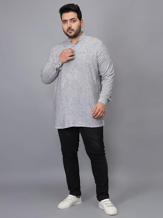 Twist99 Men's Linen Chinese Collar Full Sleeve Plus Size Short Kurta
