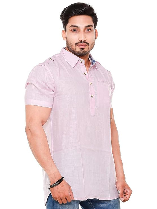 Twist99 Mens Cotton Linen Half Sleeve Plus Size Short Kurta