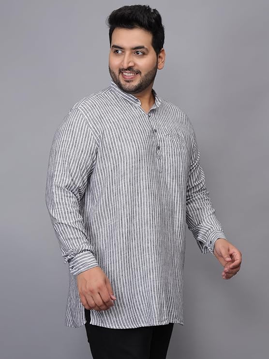 Twist99 Men's Linen Chinese Collar Full Sleeve Plus Size Short Kurta