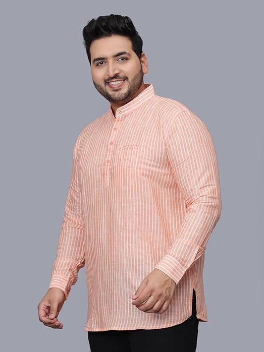 Twist99 Men's Linen Chinese Collar Full Sleeve Plus Size Short Kurta